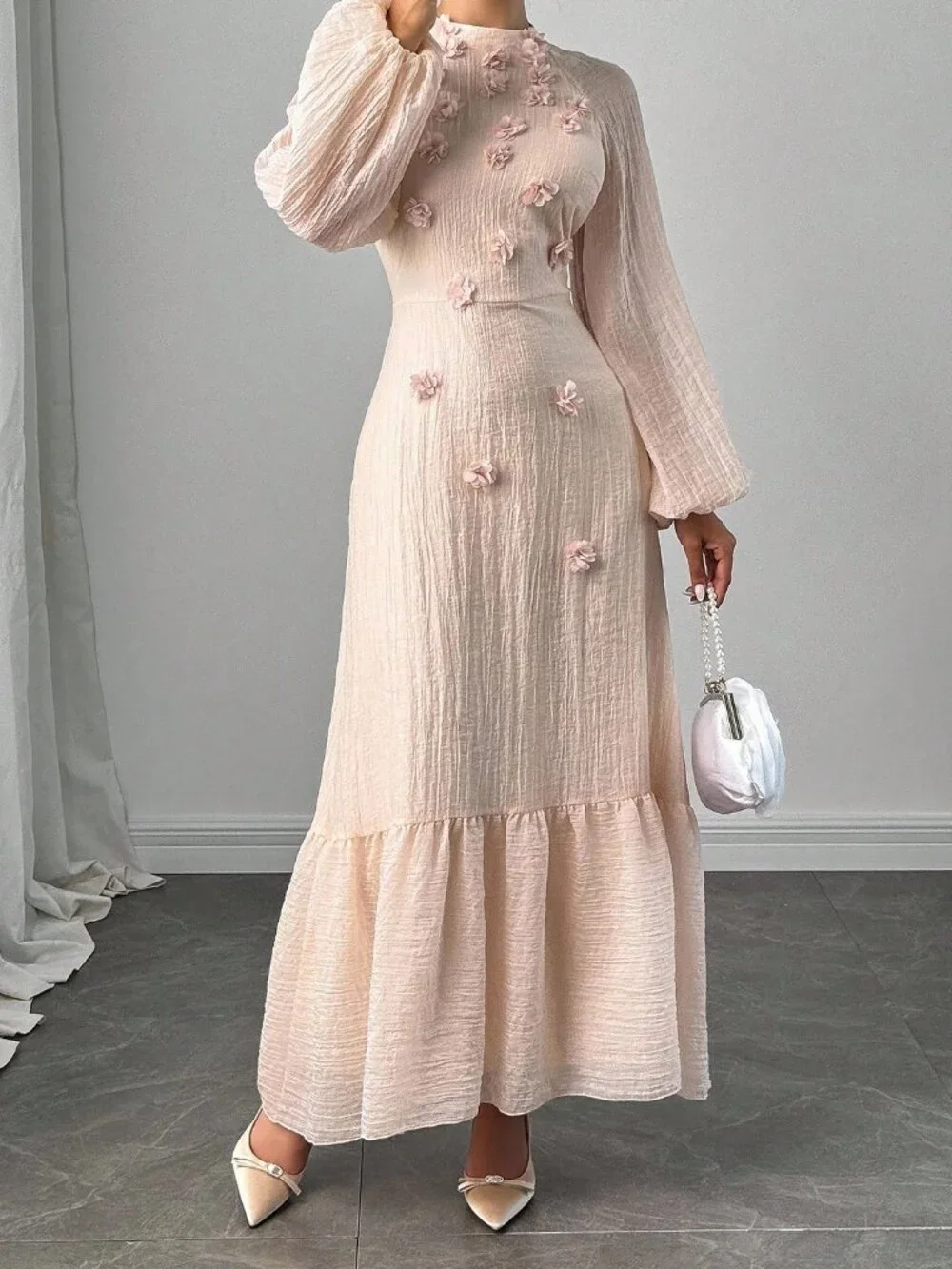 Pink Elegant Women's 3d Floral Decor Lantern Sleeve Dress - Picture 6 of 6